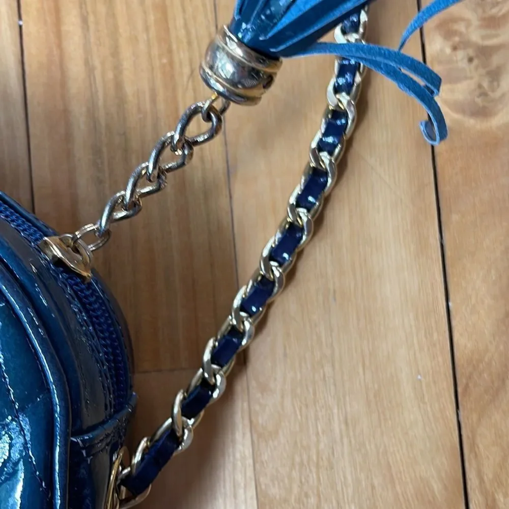 Nordstrom deep teal quilted patent leather woven chain crossbody bag. Tassel zip